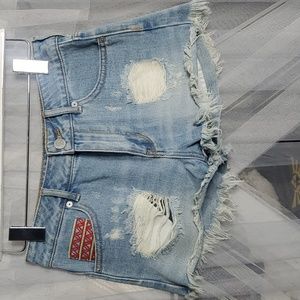 Kendall&Kylie High Waist Embroidered Detail Distressed Denim Shorts Sz3 Blue